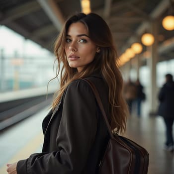 A girl with wavy hair stands at a train station, turning to look at the camera while holding a suitcase. Travelers bustle past her as she waits for her train. Beautiful young woman. Generative AI.