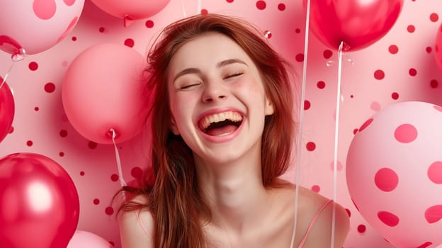Young adult woman with red and pink air balloons laughing, on pink polka dots background. Happy holiday party. Joyful beauty having fun, celebrating Valentine's Day. Neural network generated image.