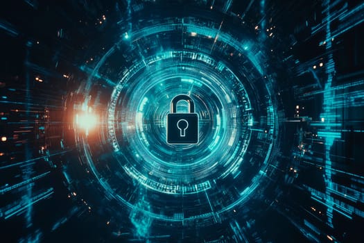 Future technology, cybersecurity and information network protection colorful background.  AI generated