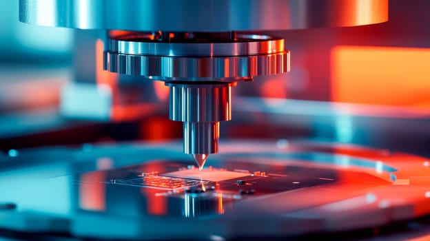 Close-up of an advanced micro-scaling machine creating new microchips. Concept of precision and technology in high-tech manufacturing.  AI generated