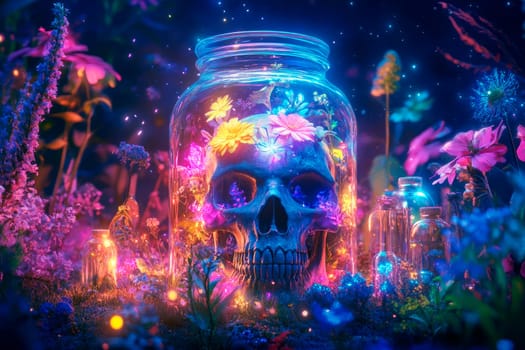 A jar filled with skull, colorful flowers, herbs and plants. Esoteric, gothic and mysterious background.  AI generated