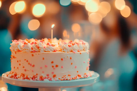 A birthday cake with one birthday candle against a background of defocused fairy lights. AI generated