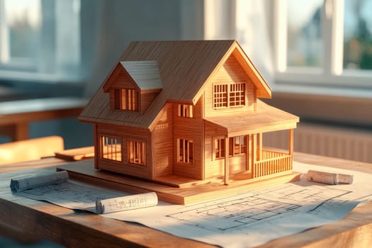 Wooden model house on blueprint at desk. Architect engineer workplace. Construction blueprints concept. AI generated