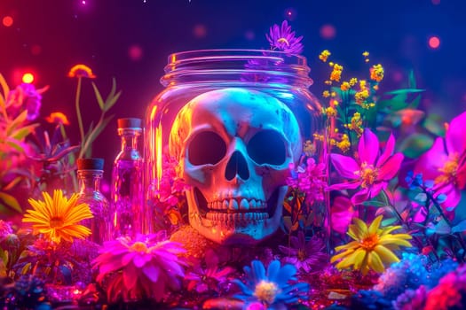 A jar filled with skull, colorful flowers, herbs and plants. Esoteric, gothic and mysterious background.  AI generated