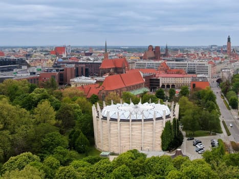 Wroclaw, Poland - Aerial view on city and the round building of the Panorama of the Battle of Raclawice (Panorama Raclawicka). High quality photo