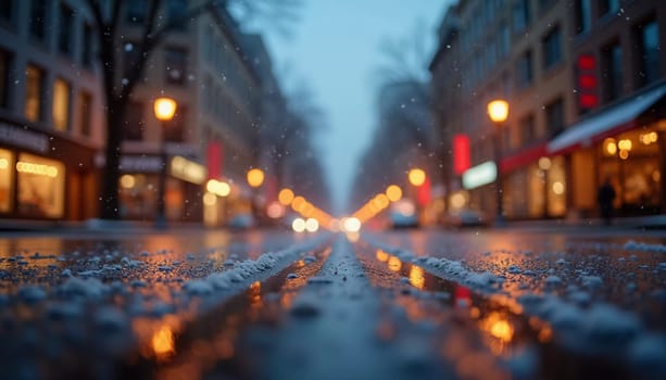 A quiet winter evening envelops a city street, where gently falling snow enhances the glow of Christmas lights. The festive atmosphere attracts people celebrating the New Year. Generative AI.