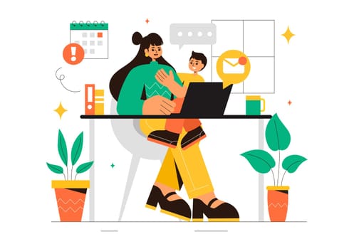 Working Mother Vector Illustration featuring a Mother who Juggles Work and Childcare at Home, Multitasking in a Flat Style Cartoon Background