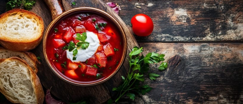 Traditional borscht soup with vibrant red beets, vegetables, and a dollop of sour cream, served with crusty bread slices on a rustic wooden table.