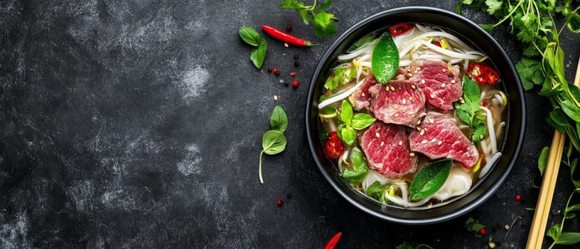 Aromatic Asian beef noodle soup with rare sliced meat, rice noodles, and fresh herbs in a black bowl, served with chopsticks and chili peppers.