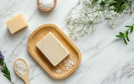 Artisanal soap bars on wooden dish with salt, flowers, and herbs on marble surface, showcasing natural beauty products.
