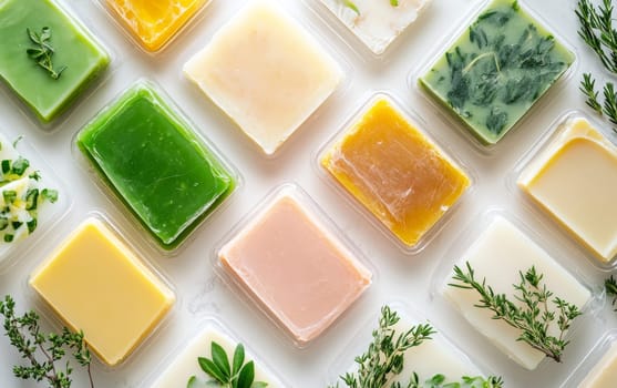 Various colorful handcrafted soap bars with herbs and botanical ingredients in plastic containers, arranged on white background, showcasing artisanal skincare products.