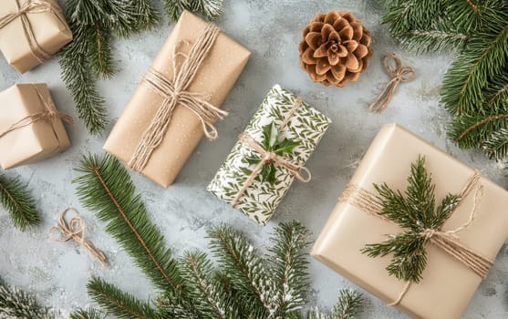 Sustainable Christmas gift wrapping with kraft paper, pine branches, pinecones, and twine on a textured gray background, showcasing natural holiday decor.