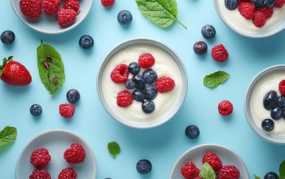 Healthy breakfast bowl with creamy yogurt topped with fresh raspberries, blueberries, and green mint leaves on a light blue background.