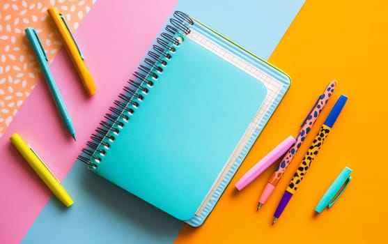 Bright stationery items including notebook, pens, and markers arranged on a vibrant multicolored background, perfect for back to school concept.