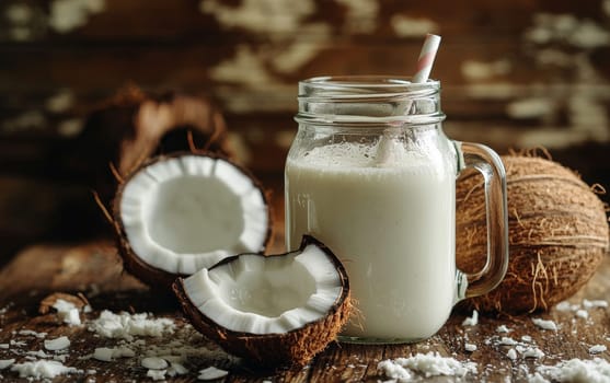 Homemade coconut milk in a glass mason jar with paper straw, surrounded by fresh coconuts and shredded coconut on rustic wooden surface.