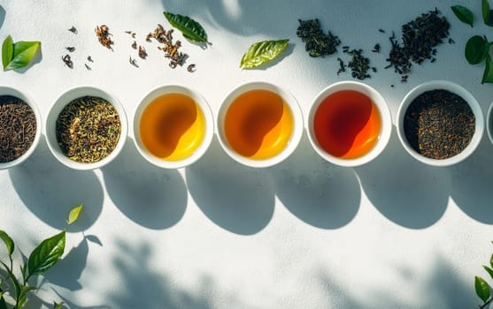 Assortment of dry tea leaves and brewed teas in white cups, arranged on a light background with fresh green leaves, displaying various tea types.