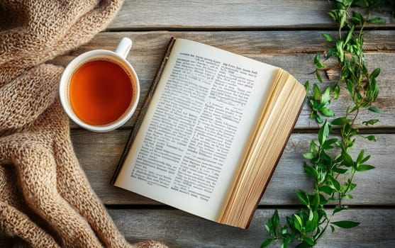 Atmospheric scene of an open book with a cup of hot tea, knit sweater, and green plants on a rustic wooden table, creating a comfortable reading atmosphere.