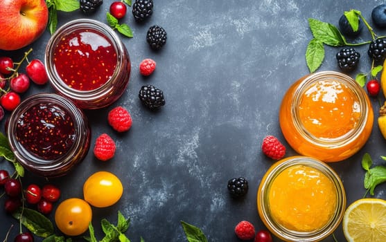 Assorted fruit jams in glass jars with fresh berries and mint leaves on a dark background, offering a delicious spread of homemade preserves.