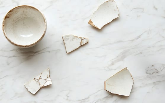 Shattered white ceramic bowl with its fragments scattered on a luxurious marble surface, symbolizing fragility and impermanence.