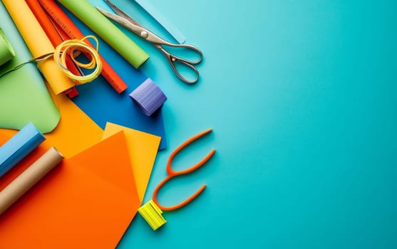 Vibrant arts and crafts materials including colored paper, scissors, and brushes arranged on a turquoise background with copy space.