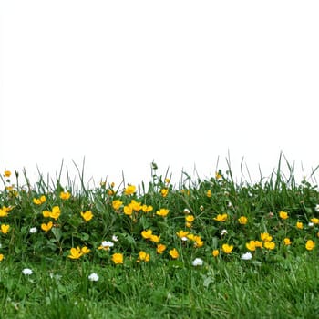 A strip of lush green grass with yellow buttercups and white daisies against a pure white background, perfect for design elements or nature concepts.