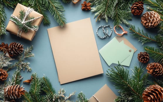 Blank card surrounded by pine cones, fir branches, and gift tags on a blue background, perfect for holiday greetings or invitations.