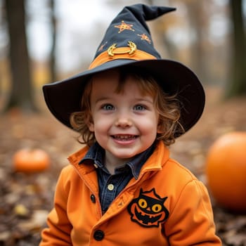 A smiling young child wearing a witch hat and orange Halloween-themed jacket stands in an autumn setting with pumpkins in the background.