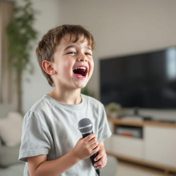 A young boy with a wide smile sings enthusiastically into a microphone in a living room setting, showcasing childhood creativity and musical expression.