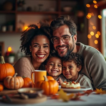 A joyful mixed-race family with two children smiling together at a festive table decorated with pumpkins and autumn-themed items, creating a warm holiday atmosphere.