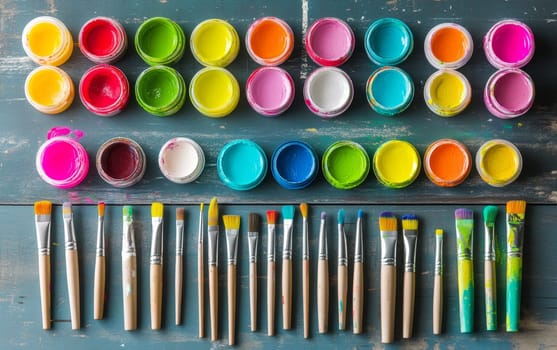 Diverse collection of colorful paint jars and brushes neatly arranged on a weathered blue wooden surface, representing artistic creativity and craft supplies.