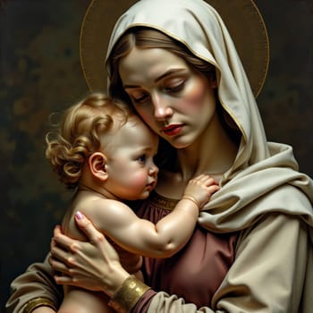 A serene depiction of a young mother in white veil holding a curly-haired infant, portrayed with golden halos in a classical religious painting style.