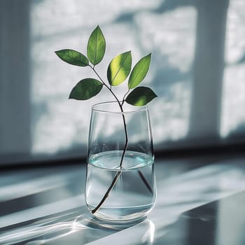 Fresh green leaves in a clear glass of water, placed on a surface with dramatic window shadow patterns, representing growth and simplicity.