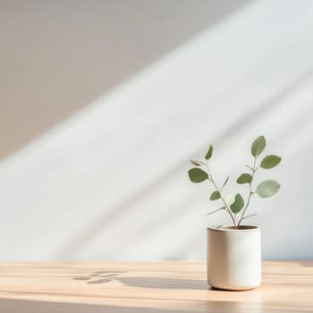 A small potted plant with round leaves in a white ceramic container on a wooden surface, bathed in soft sunlight with shadow play, embodying modern interior aesthetics.