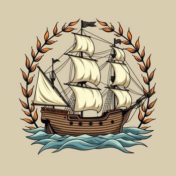 Illustration of a classical sailing ship surrounded by a golden laurel wreath, set against a beige background, evoking maritime history and achievement.