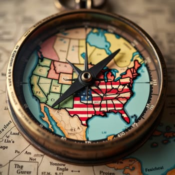 An antique brass compass featuring a USA flag map face rests on old maps, symbolizing American exploration and navigation history.