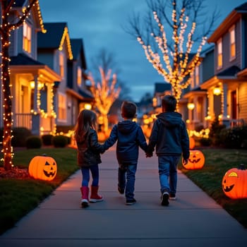 Three children in Halloween costumes walking on a sidewalk at dusk, surrounded by festively decorated houses with glowing lights and jack-o'-lanterns.