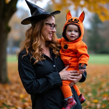Mother in witch costume holding smiling baby in pumpkin outfit during autumn, surrounded by fallen leaves in a park setting.