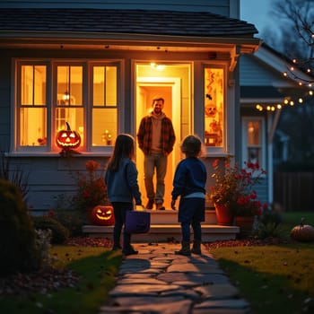 Two children in Halloween costumes approaching a warmly lit house with jack-o'-lanterns and festive decorations, capturing the magic of trick-or-treating at dusk.