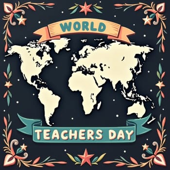 Colorful illustration of world map with decorative floral elements and text 'World Teachers Day' for global education celebration.