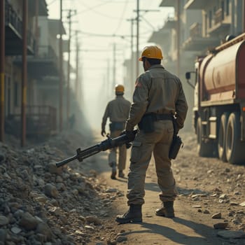 Two armed men in protective gear patrol a rubble-strewn urban area, with military vehicles and buildings visible in a hazy, tense atmosphere.