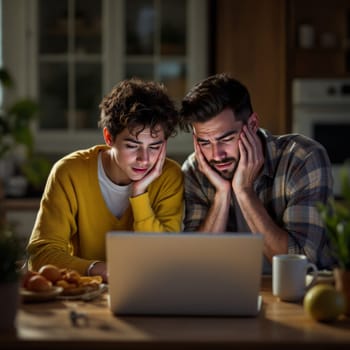 A concerned couple stares at a laptop screen with worried expressions in a dimly lit kitchen, conveying stress or surprise at unexpected news.