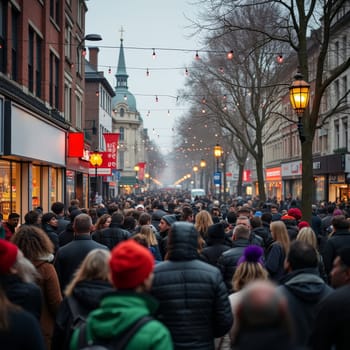 Bustling city street filled with holiday shoppers, festive lights, and decorations, showcasing the vibrant atmosphere of urban Christmas shopping season.