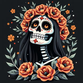 Colorful illustration of Day of the Dead sugar skull with orange poppy flower crown, depicting Mexican holiday tradition and folk art on dark background.