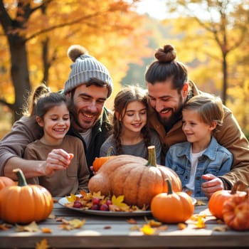 Joyful parents and children gathered around table with pumpkins, enjoying family time while carving jack-o-lanterns in golden autumn park setting.
