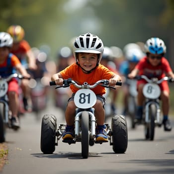 Young boy with beaming smile racing a mini motorcycle in children's competition, wearing helmet and orange shirt, showcasing youth sports and outdoor activities.