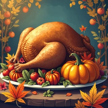 Vibrant digital illustration of a roasted turkey surrounded by pumpkins, autumn leaves, and fruits on a platter, set against a teal background with decorative elements.