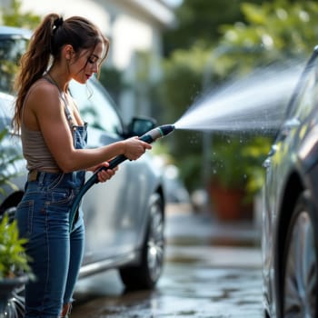 Attractive woman in casual summer attire spraying water from hose to wash car outdoors, showcasing self-care and automotive maintenance on sunny day.