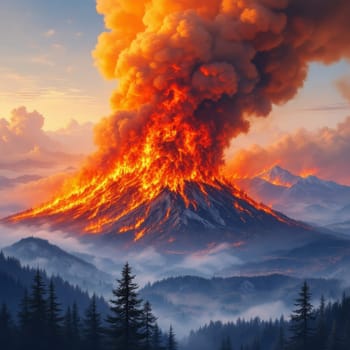 Spectacular volcanic eruption with fiery lava and billowing smoke clouds illuminating a misty mountain landscape at sunset, showcasing nature's raw power.