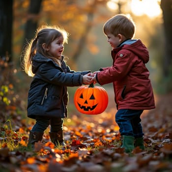 Two young children in warm coats holding jack-o-lantern together in forest with golden autumn leaves, capturing innocence and holiday spirit.