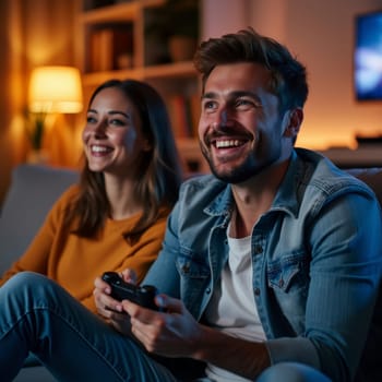 Smiling couple playing video games together in cozy living room with warm lighting, showcasing modern entertainment and relationship bonding.